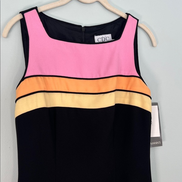 New Vintage Sleeveless Short Black Dress Pink, Orange and Yellow Color Block 8 - Picture 3 of 8